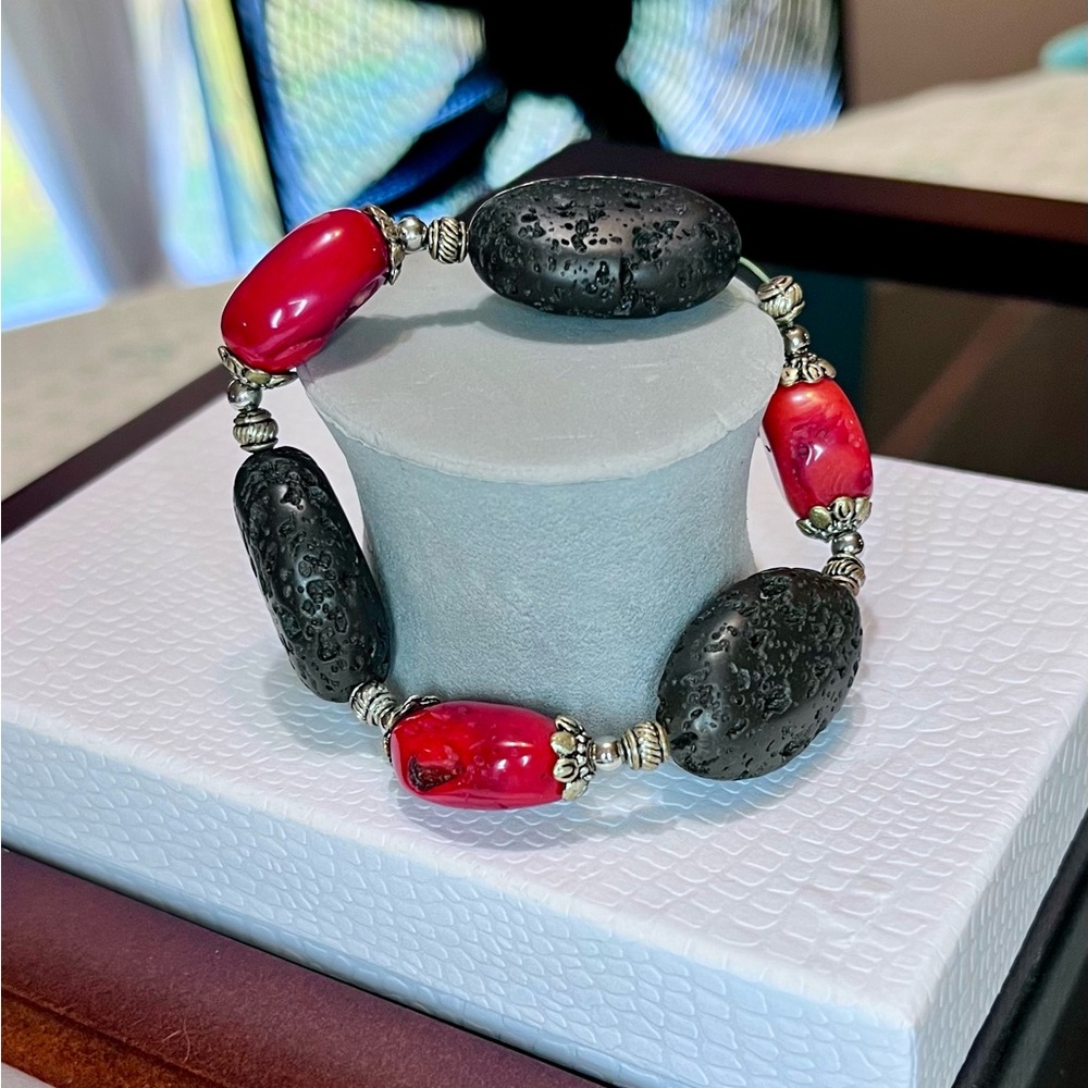 Boho Chic Red Coral & Black Lava Rock Stretch Bracelet w/ Silver Spacers